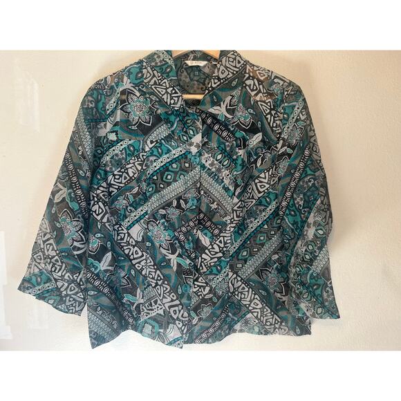 Erin London women's size Small sheer button-up blouse Teal-Black-ETC boho style - Picture 10 of 12